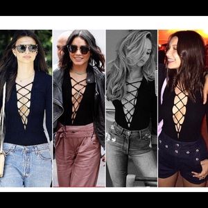 Black long sleeve lace front bodysuit